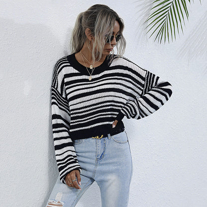 LOVECCR popular popular autumn and winter hot sale crew neck knitted short striped contrasting sweater women's 2025 jumper women