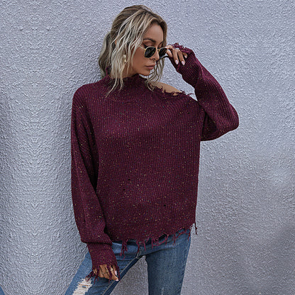 LOVECCR 2025 loose open shoulder hole New women's clothing popular autumn and winter turtleneck knitted pullover women