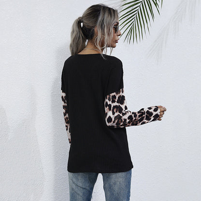 LOVECCR popular New Autumn V-Neck Pullover Leopard Print Splicing Bottom Long Sleeve T-Shirt Women's  Hot Trade Pleated Top