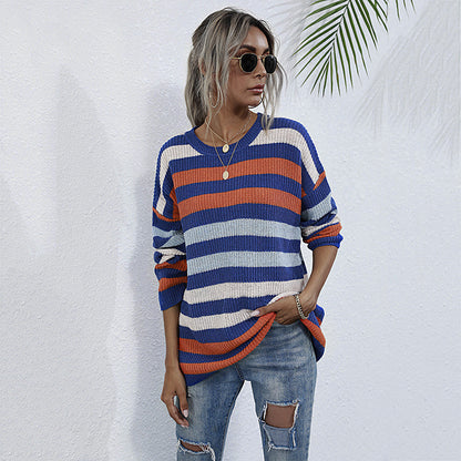 LOVECCR popular New Women's Early Autumn Sweater 2025 Autumn Pullover Crew Neck Loose Top  Striped Knitted Sweater