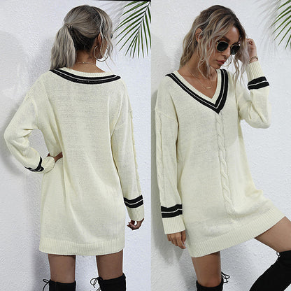 LOVECCR 2025 V-neck pullover twisted sweater top loose contrasting color OL knitted thin sweater skirt