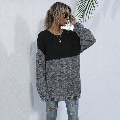 LOVECCR  Popular, 2025 and popular new autumn and winter medium and long sweaters loose round neck pullover lazy wind contrasting color knitted sweater women