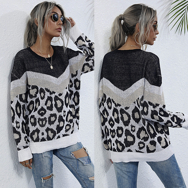 LOVECCR New 2023 autumn and winter leopard print splicing contrasting colors loose 2025 crew neck knitted sweater women's jumper