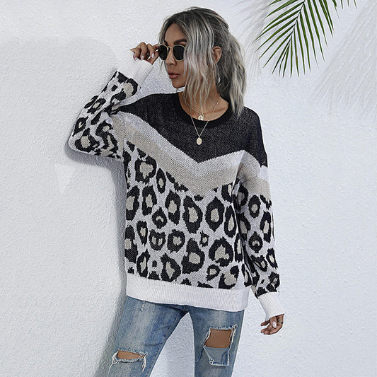 LOVECCR New 2023 autumn and winter leopard print splicing contrasting colors loose 2025 crew neck knitted sweater women's jumper