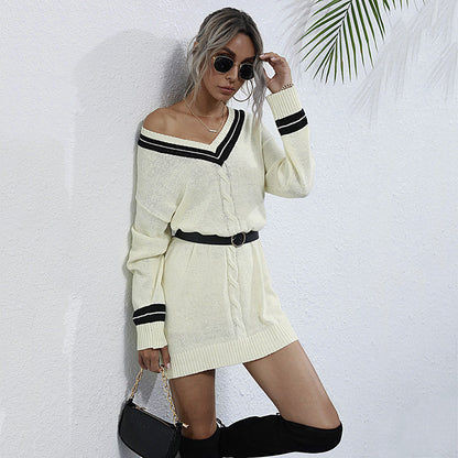 LOVECCR 2025 V-neck pullover twisted sweater top loose contrasting color OL knitted thin sweater skirt