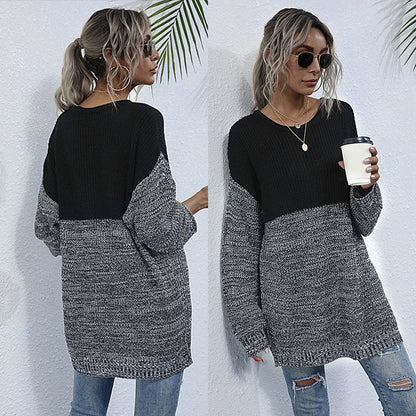 LOVECCR  Popular, 2025 and popular new autumn and winter medium and long sweaters loose round neck pullover lazy wind contrasting color knitted sweater women