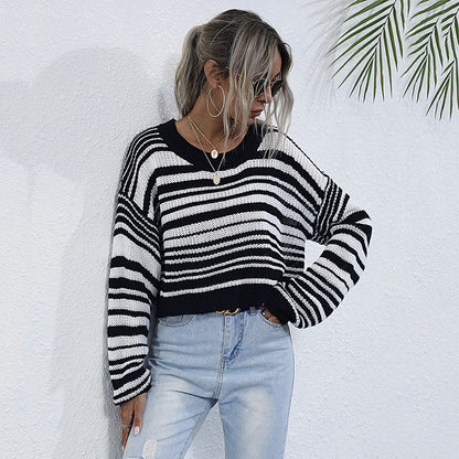 LOVECCR popular popular autumn and winter hot sale crew neck knitted short striped contrasting sweater women's 2025 jumper women