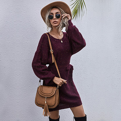 LOVECCR New Popular trade 2025 solid color loose lazy wind lace-up medium and long 2023 autumn sweater skirt women