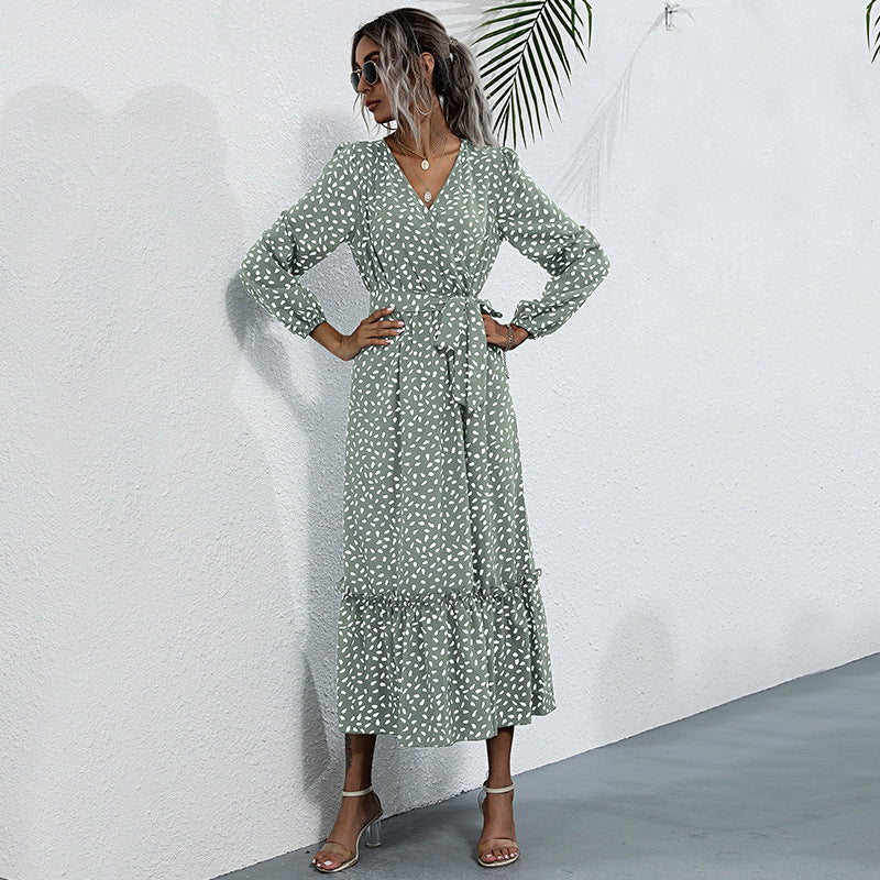 LOVECCR Hot new  autumn long-sleeved dress V-neck polka dot split skirt 2025 foreign trade lace-up medium and long skirt