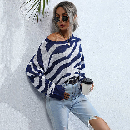 LOVECCR New women's clothing popular autumn 2025 knitted pullover zebra pattern round neck worn Popular trade sweater