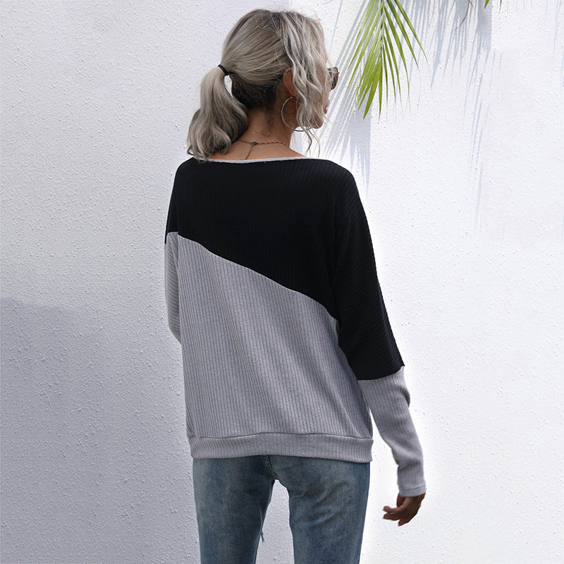 LOVECCR New  Hot Trade Women's Clothing popular Color Combination Long Sleeve Knitted Sweater Loose Off-Shoulder One-Neck Top