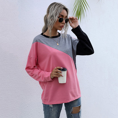 LOVECCR New Cross-border popular Autumn Loose 2025 Splicing Crew Neck Long Sleeve Bottom Contrasting Sweater Women