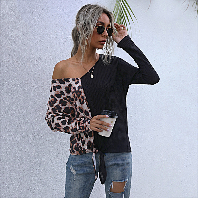 LOVECCR popular autumn 2025 sexy splicing leopard print v-neck bottoming shirt t-shirt female  New Popular trade top wholesale