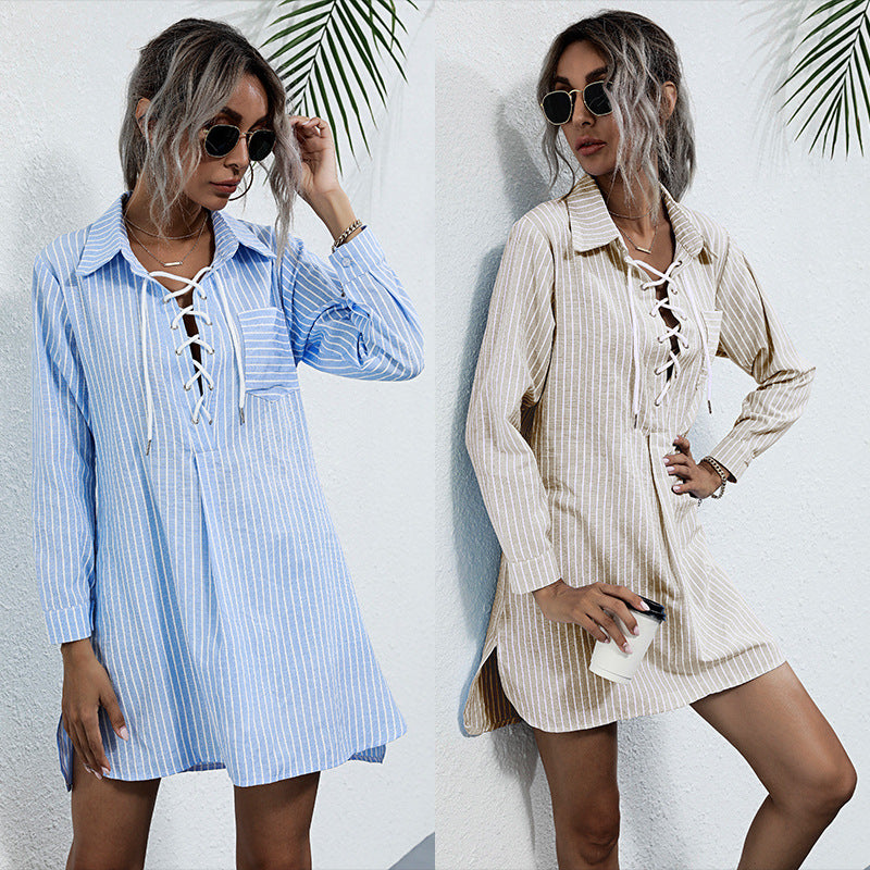 LOVECCR popular autumn new fashion 2025 New striped pullover shirt long sleeve strap casual lapel shirt skirt