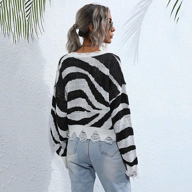 LOVECCR New women's clothing 2023 autumn and winter 2025 contrasting color knitted v-neck striped ripped pullover sweater women