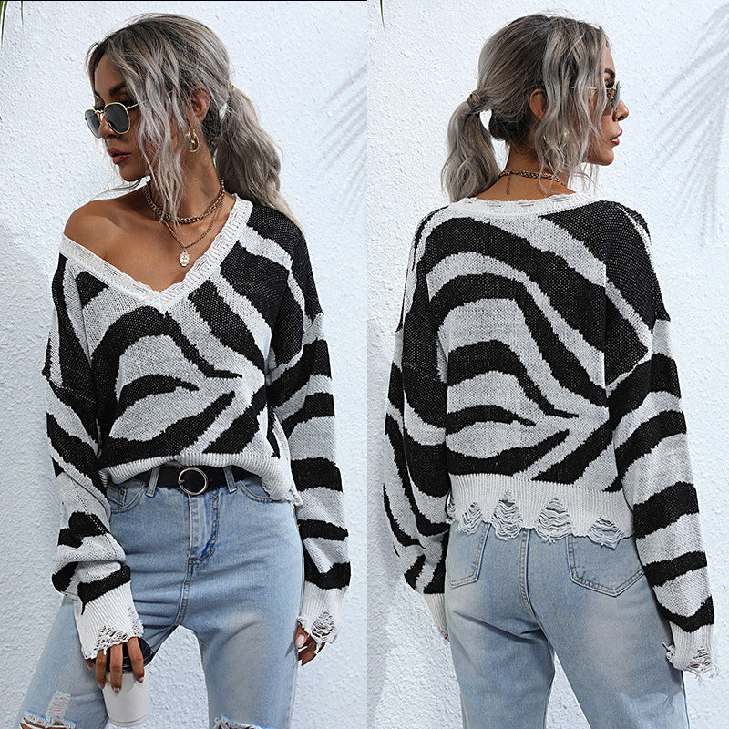 LOVECCR New women's clothing 2023 autumn and winter 2025 contrasting color knitted v-neck striped ripped pullover sweater women