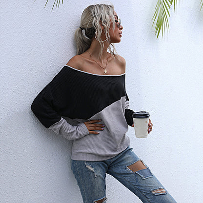 LOVECCR New  Hot Trade Women's Clothing popular Color Combination Long Sleeve Knitted Sweater Loose Off-Shoulder One-Neck Top