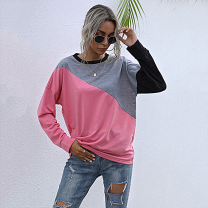 LOVECCR New Cross-border popular Autumn Loose 2025 Splicing Crew Neck Long Sleeve Bottom Contrasting Sweater Women