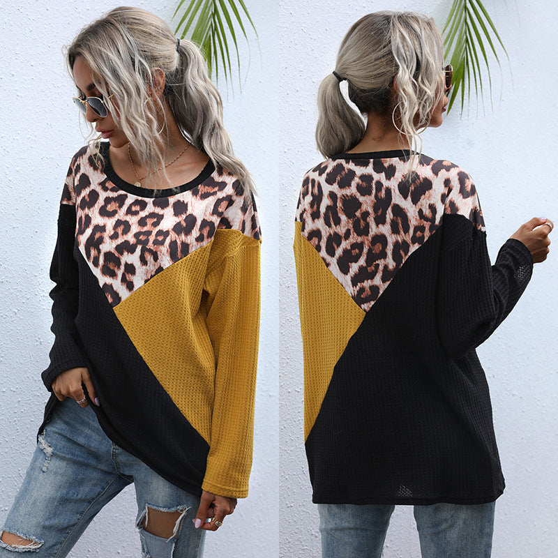 LOVECCR Autumn women's popular new leopard print splicing 2025 fashion pullover round neck top loose long sleeve bottoming T-shirt women