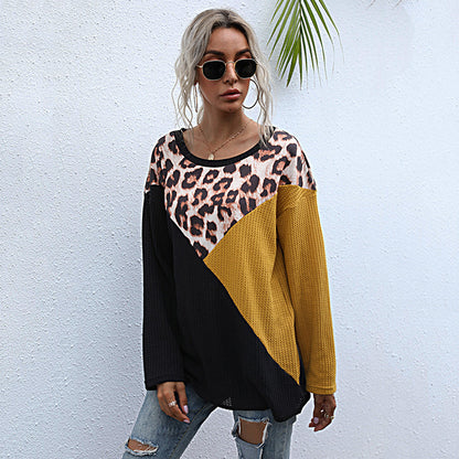 LOVECCR Autumn women's popular new leopard print splicing 2025 fashion pullover round neck top loose long sleeve bottoming T-shirt women