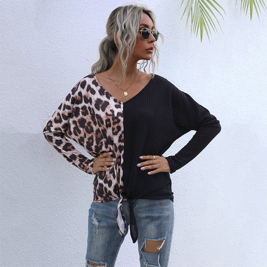 LOVECCR popular autumn 2025 sexy splicing leopard print v-neck bottoming shirt t-shirt female  New Popular trade top wholesale