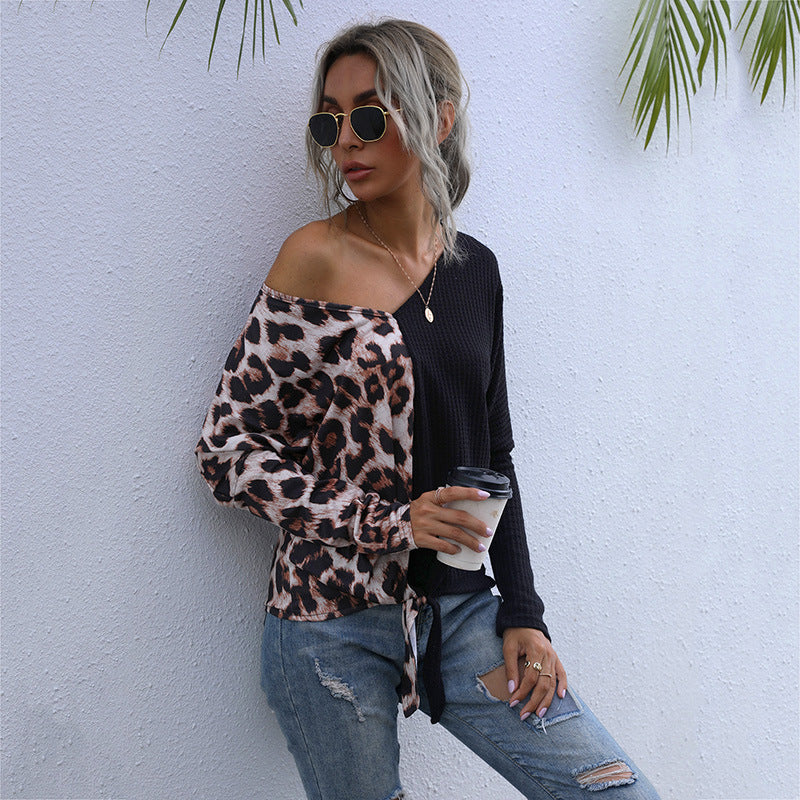 LOVECCR popular autumn 2025 sexy splicing leopard print v-neck bottoming shirt t-shirt female  New Popular trade top wholesale