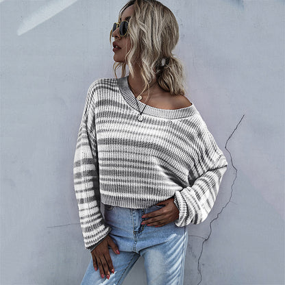 LOVECCR popular popular autumn and winter hot sale crew neck knitted short striped contrasting sweater women's 2025 jumper women