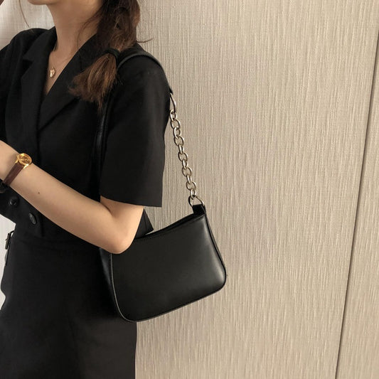 loveccr New Ins Fried Fire Black Panel Underarm Bag Baguette Bag European and American Street Pu Shoulder Handbag Female Fashion