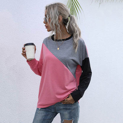 LOVECCR New Cross-border popular Autumn Loose 2025 Splicing Crew Neck Long Sleeve Bottom Contrasting Sweater Women