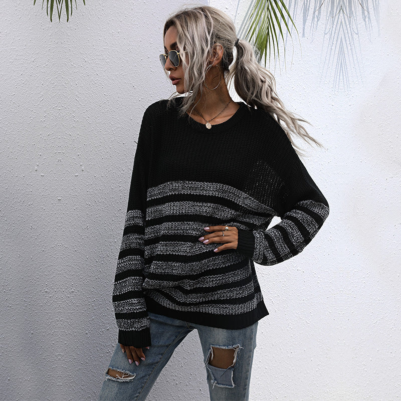 LOVECCR New Popular, 2025 and popular autumn loose striped round neck medium and long sweater knitted sweater women's Popular trade wholesale