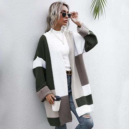 LOVECCR Hot new autumn and winter fashion color matching knitted sweater medium and long 2025 lazy style   trade cardigan jacket women