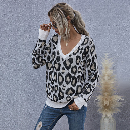 LOVECCR popular  2025n spring and autumn women's clothing V-neck knitted sweater women's 2025 style leopard print knitted jumper