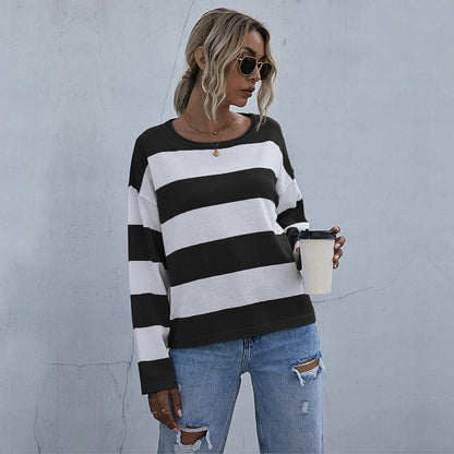 LOVECCR popular autumn  independent station New 2025 fashion women's clothing crew neck Korean long-sleeved striped knitted sweater