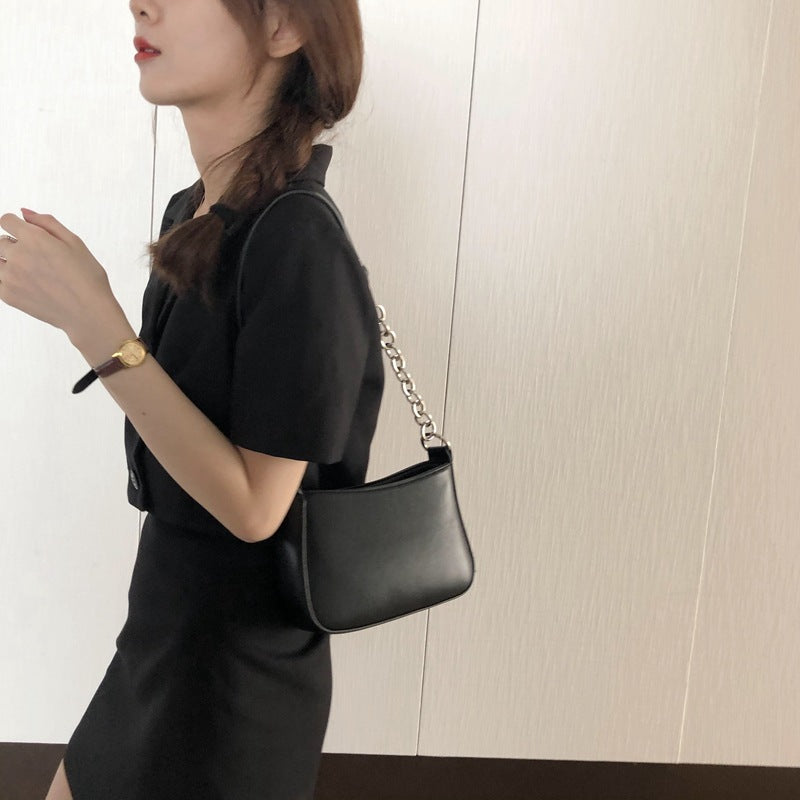 loveccr New Ins Fried Fire Black Panel Underarm Bag Baguette Bag European and American Street Pu Shoulder Handbag Female Fashion