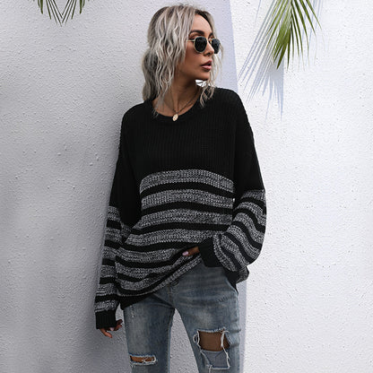 LOVECCR New Popular, 2025 and popular autumn loose striped round neck medium and long sweater knitted sweater women's Popular trade wholesale