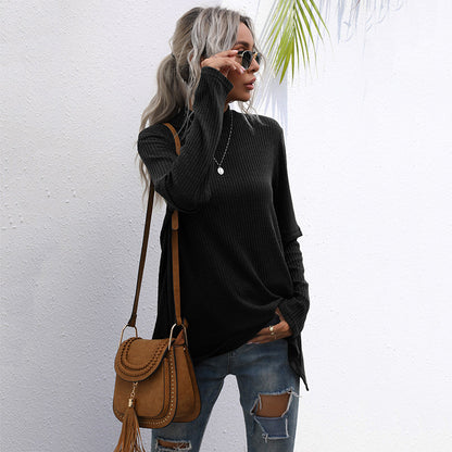 LOVECCR New Popular trade long-sleeved top split-ended sweater medium and long popular autumn irregular splicing knitted sweater