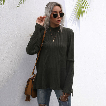 LOVECCR New Popular trade long-sleeved top split-ended sweater medium and long popular autumn irregular splicing knitted sweater