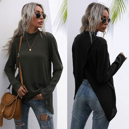 LOVECCR New Popular trade long-sleeved top split-ended sweater medium and long popular autumn irregular splicing knitted sweater