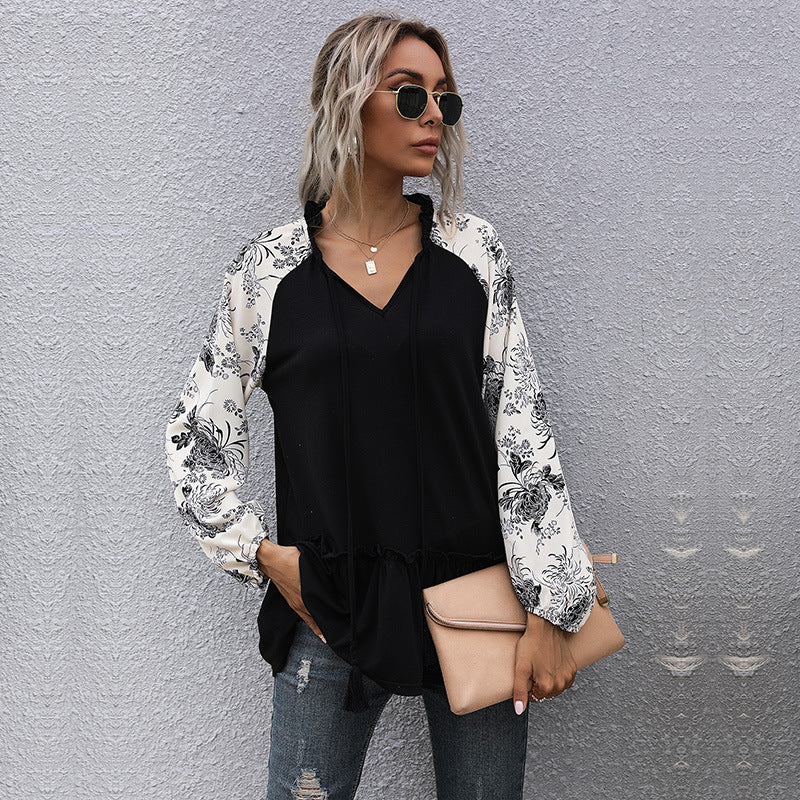 LOVECCR New Cross-border Hot Trade 2025 Style Casual Top Loose Splicing Long Sleeve V-Neck Black Doll T-Shirt