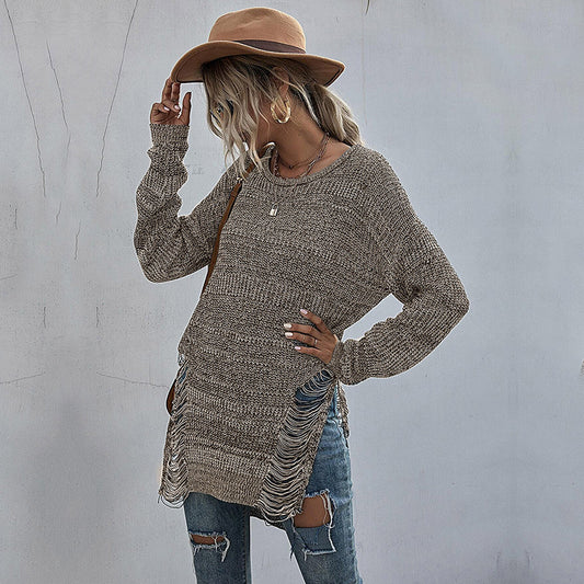 LOVECCR popular autumn and winter new New 2025 loose long-sleeved crew neck sweater hole hollow knitted sweater women's medium and long