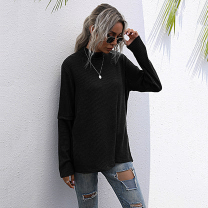 LOVECCR New Popular trade long-sleeved top split-ended sweater medium and long popular autumn irregular splicing knitted sweater