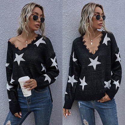 LOVECCR popular autumn women's new top V-neck pullover jacquard knitted sweater loose 2025 shabby outer sweater women