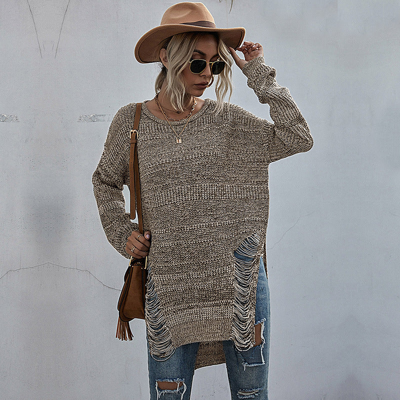 LOVECCR popular autumn and winter new New 2025 loose long-sleeved crew neck sweater hole hollow knitted sweater women's medium and long