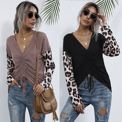 LOVECCR popular New Autumn V-Neck Pullover Leopard Print Splicing Bottom Long Sleeve T-Shirt Women's  Hot Trade Pleated Top