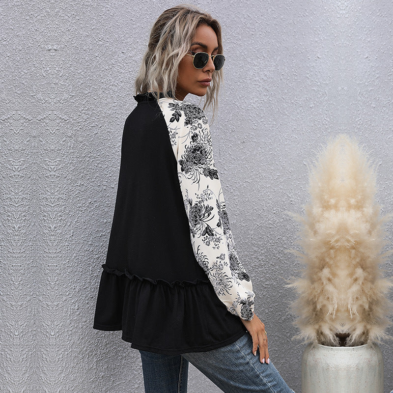 LOVECCR New Cross-border Hot Trade 2025 Style Casual Top Loose Splicing Long Sleeve V-Neck Black Doll T-Shirt