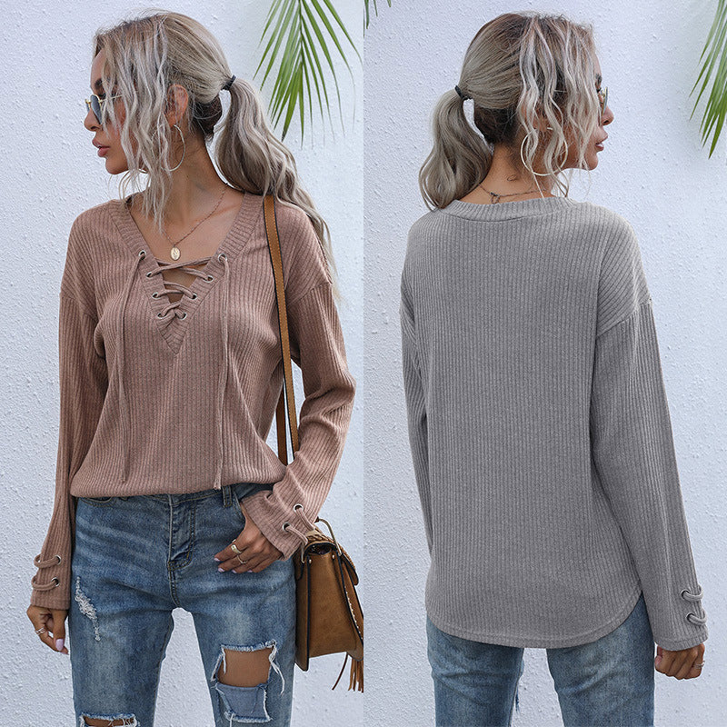 LOVECCR  New Autumn and Winter New Solid Color Pullover Knitted Sweater Long Sleeve V-Neck Lace-Up Casual Women's Clothing