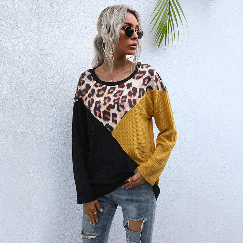 LOVECCR Autumn women's popular new leopard print splicing 2025 fashion pullover round neck top loose long sleeve bottoming T-shirt women