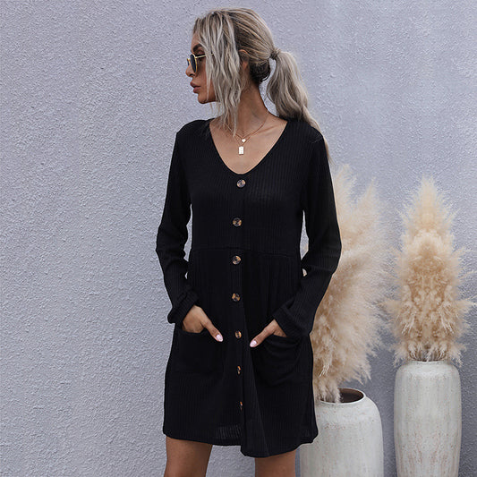 LOVECCR New popular autumn and winter Popular and 2025 loose long-sleeved slim-fitting solid color v-neck knitted sweater dress women