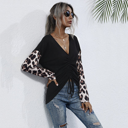 LOVECCR popular New Autumn V-Neck Pullover Leopard Print Splicing Bottom Long Sleeve T-Shirt Women's  Hot Trade Pleated Top