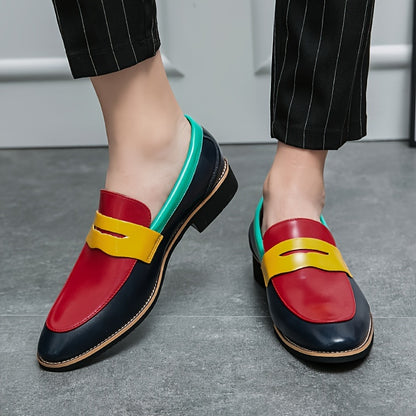 Color-Block Slip-On Low Top Oxfords - Fashionable Pointed Toe PU Leather Shoes with Rubber Sole for Women and Men